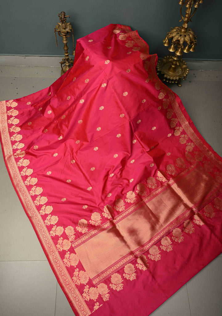 Rani Pink Banarasi Katan Silk Saree with Floral Zari Buttas and Zari Border | SILK MARK CERTIFIED | SHOBITAM