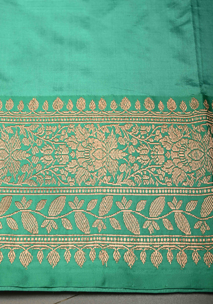 Peacock Green Dual tone Banarasi Katan Silk Saree with Floral Zari Buttas and Contrast Zari Border | SILK MARK CERTIFIED | SHOBITAM