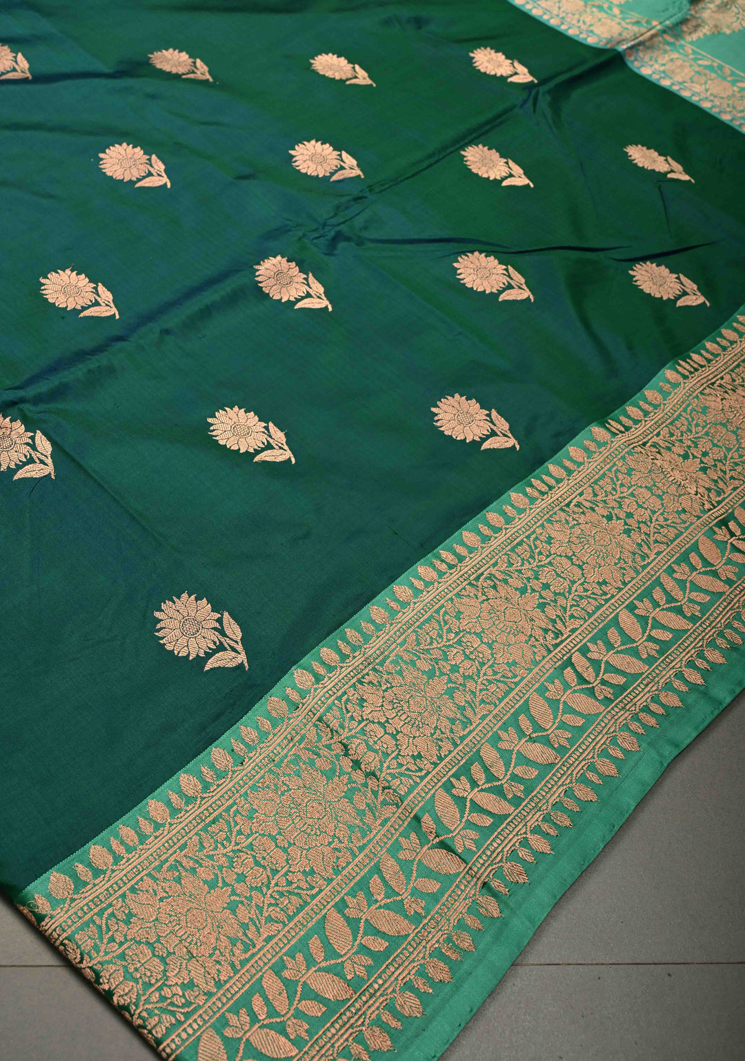 Peacock Green Dual tone Banarasi Katan Silk Saree with Floral Zari Buttas and Contrast Zari Border | SILK MARK CERTIFIED | SHOBITAM