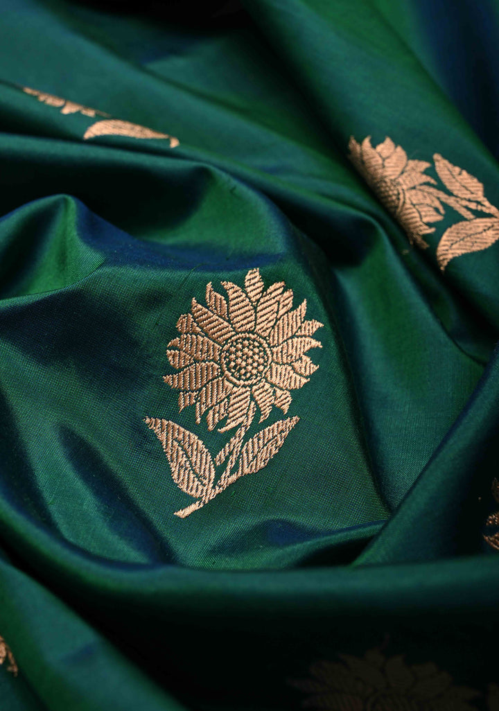 Peacock Green Dual tone Banarasi Katan Silk Saree with Floral Zari Buttas and Contrast Zari Border | SILK MARK CERTIFIED | SHOBITAM