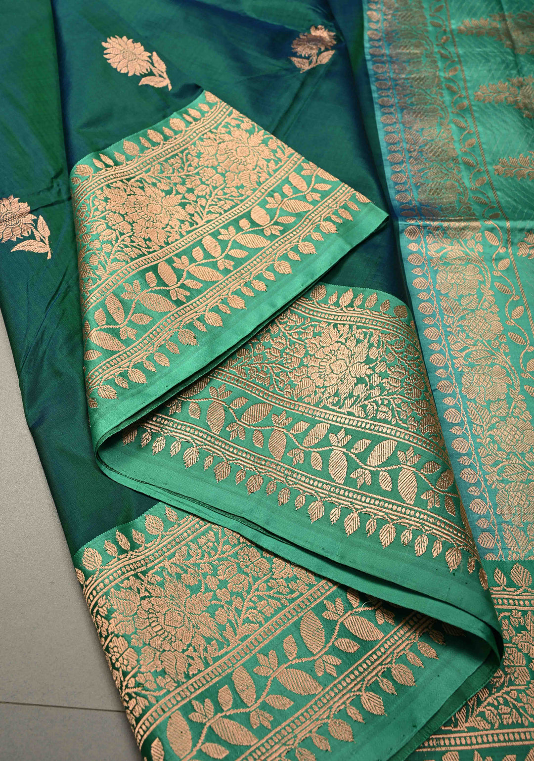 Peacock Green Dual tone Banarasi Katan Silk Saree with Floral Zari Buttas and Contrast Zari Border | SILK MARK CERTIFIED | SHOBITAM