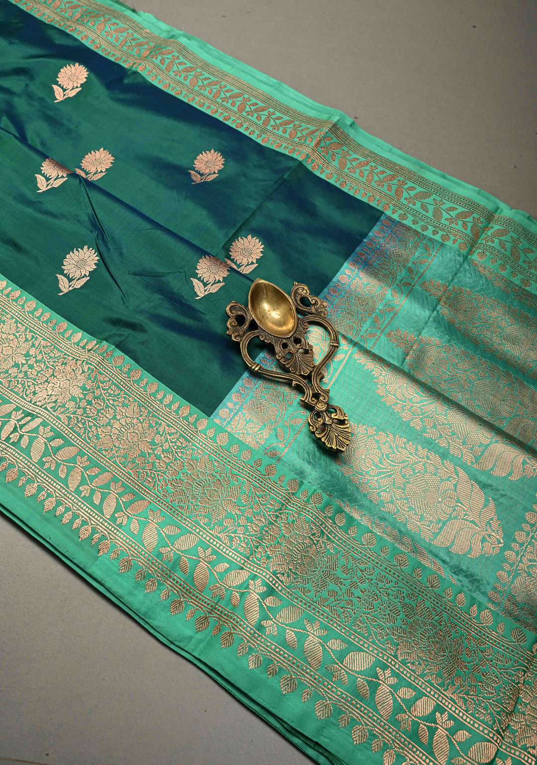Peacock Green Dual tone Banarasi Katan Silk Saree with Floral Zari Buttas and Contrast Zari Border | SILK MARK CERTIFIED | SHOBITAM