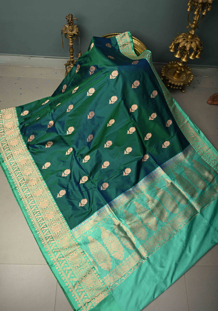 Peacock Green Dual tone Banarasi Katan Silk Saree with Floral Zari Buttas and Contrast Zari Border | SILK MARK CERTIFIED | SHOBITAM