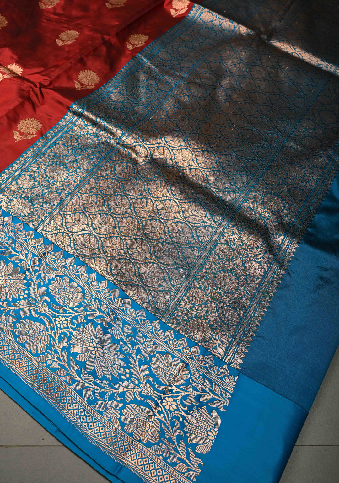 Maroon Banarasi Katan Silk Saree with Floral Zari Buttas and Contrast Zari Border | SILK MARK CERTIFIED | SHOBITAM
