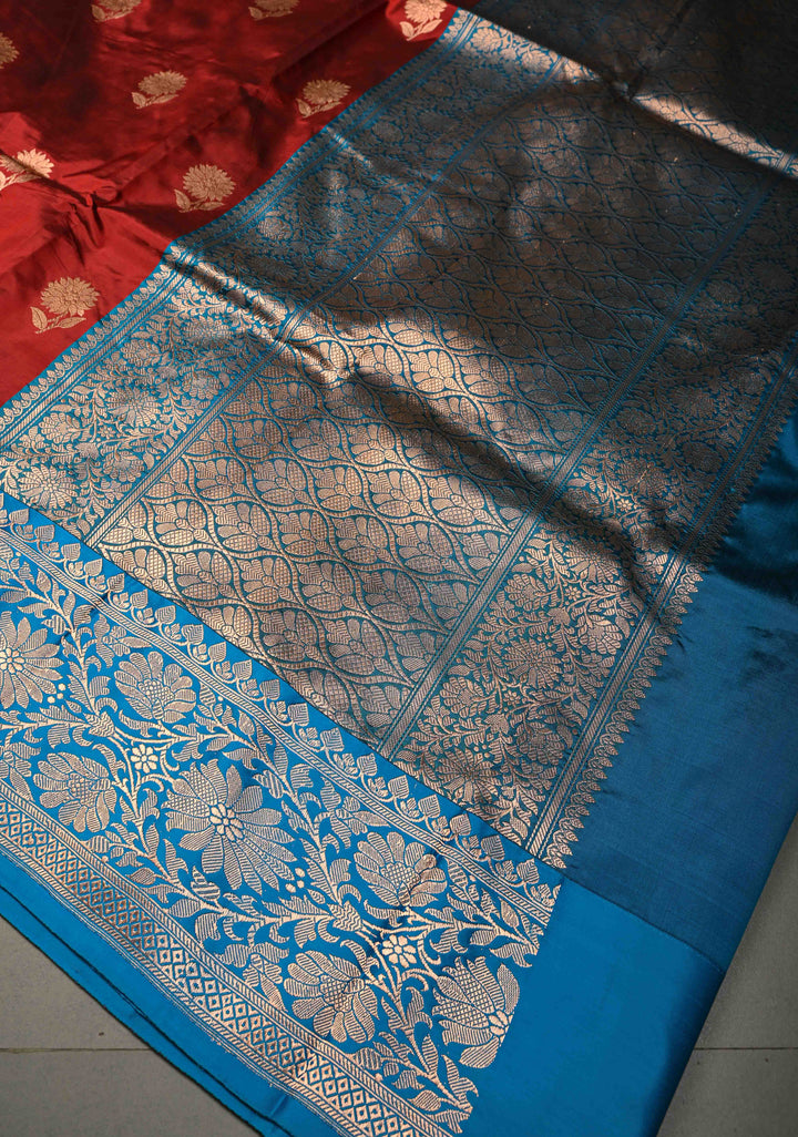 Maroon Banarasi Katan Silk Saree with Floral Zari Buttas and Contrast Zari Border | SILK MARK CERTIFIED | SHOBITAM