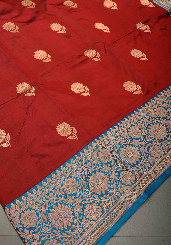 Maroon Banarasi Katan Silk Saree with Floral Zari Buttas and Contrast Zari Border | SILK MARK CERTIFIED | SHOBITAM