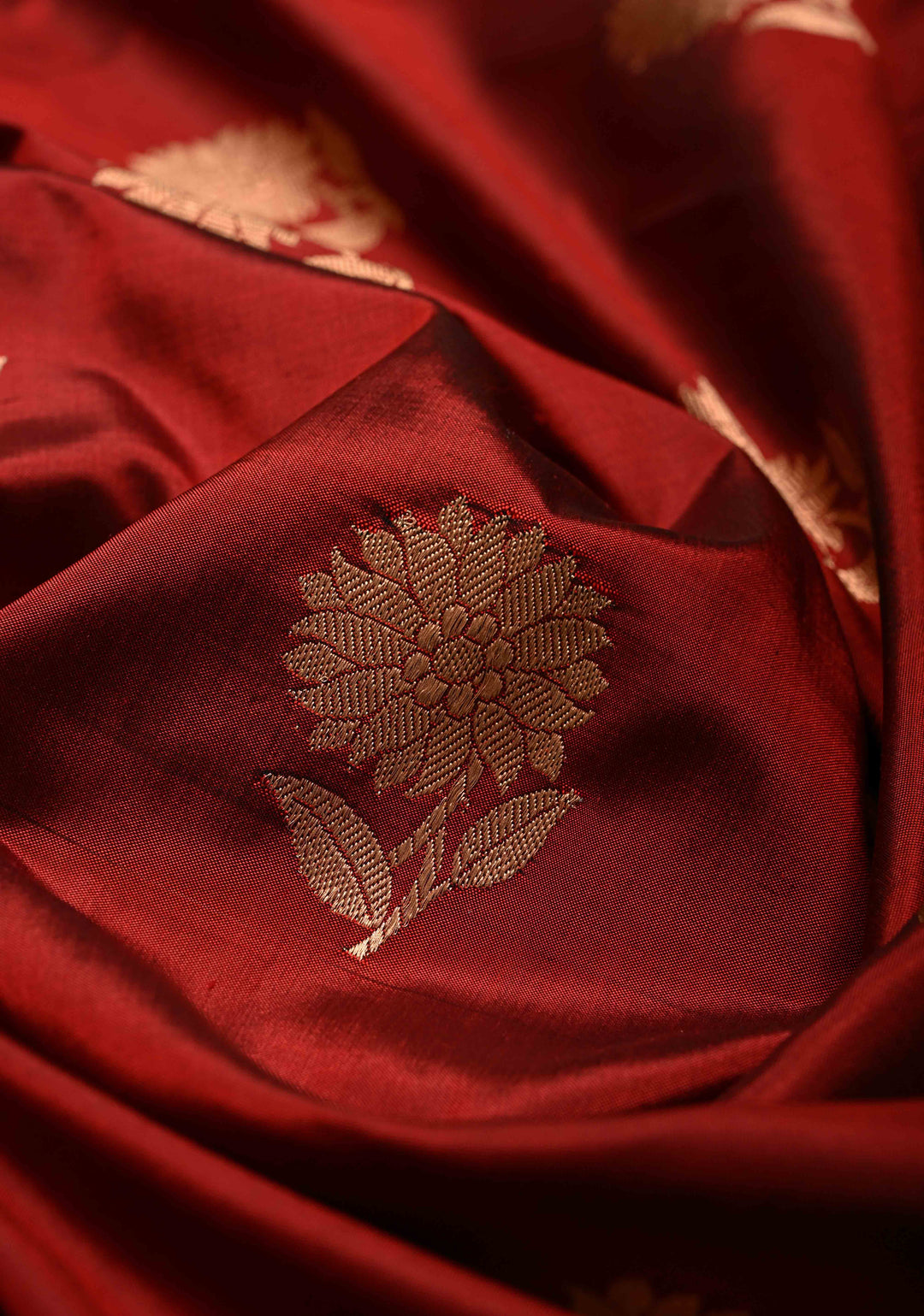 Maroon Banarasi Katan Silk Saree with Floral Zari Buttas and Contrast Zari Border | SILK MARK CERTIFIED | SHOBITAM