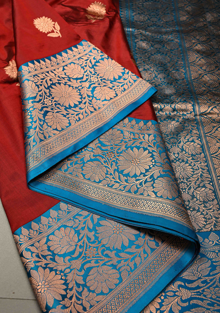 Maroon Banarasi Katan Silk Saree with Floral Zari Buttas and Contrast Zari Border | SILK MARK CERTIFIED | SHOBITAM