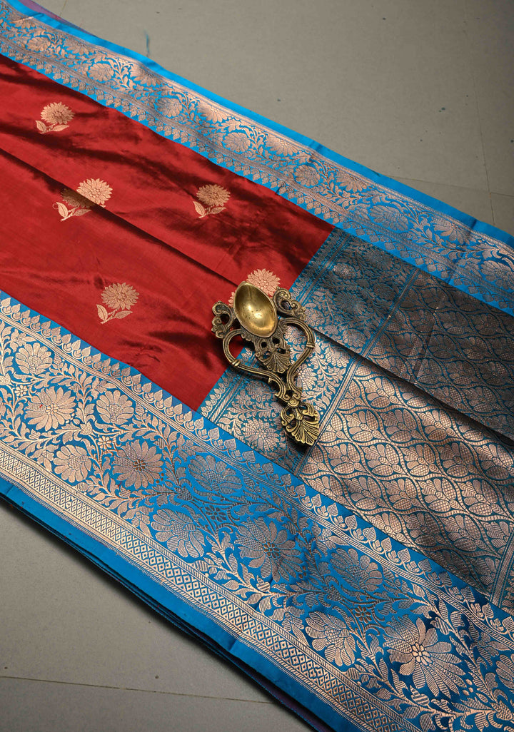 Maroon Banarasi Katan Silk Saree with Floral Zari Buttas and Contrast Zari Border | SILK MARK CERTIFIED | SHOBITAM