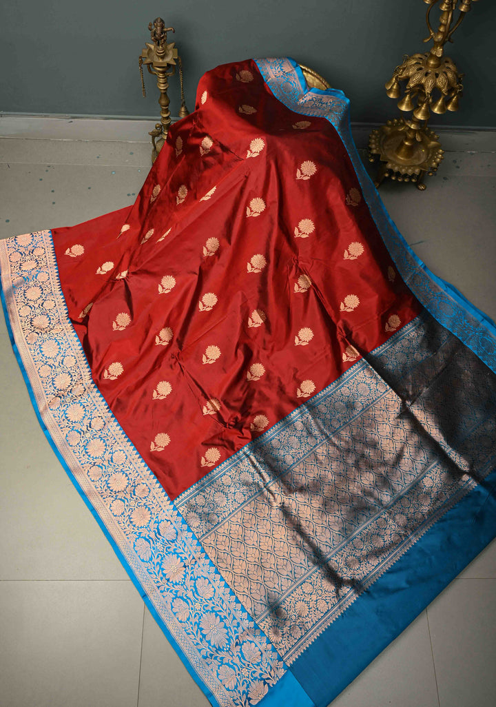 Maroon Banarasi Katan Silk Saree with Floral Zari Buttas and Contrast Zari Border | SILK MARK CERTIFIED | SHOBITAM