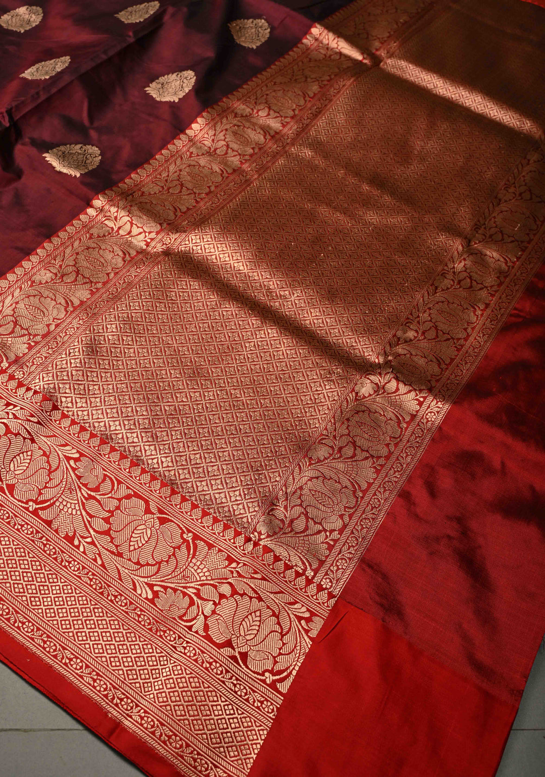 Deep Maroon Banarasi Katan Silk Saree with Floral Zari Buttas and Contrast Zari Border | SILK MARK CERTIFIED | SHOBITAM