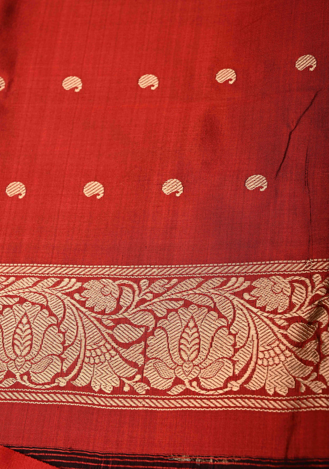 Deep Maroon Banarasi Katan Silk Saree with Floral Zari Buttas and Contrast Zari Border | SILK MARK CERTIFIED | SHOBITAM