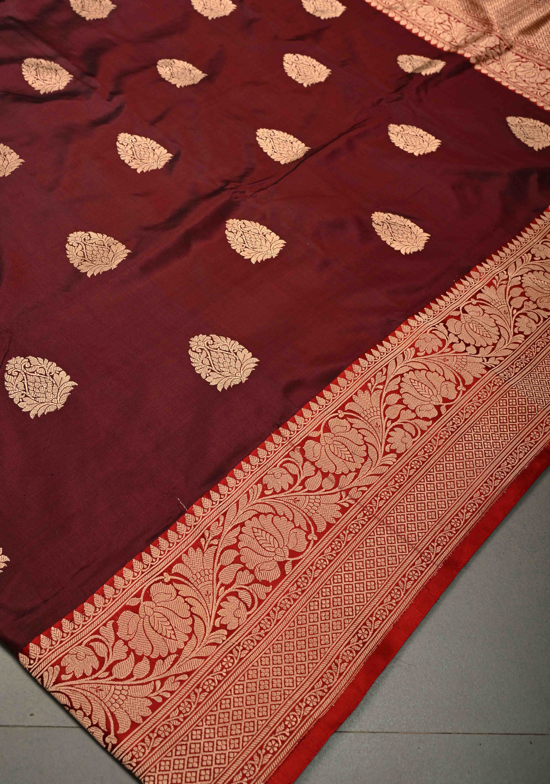 Deep Maroon Banarasi Katan Silk Saree with Floral Zari Buttas and Contrast Zari Border | SILK MARK CERTIFIED | SHOBITAM