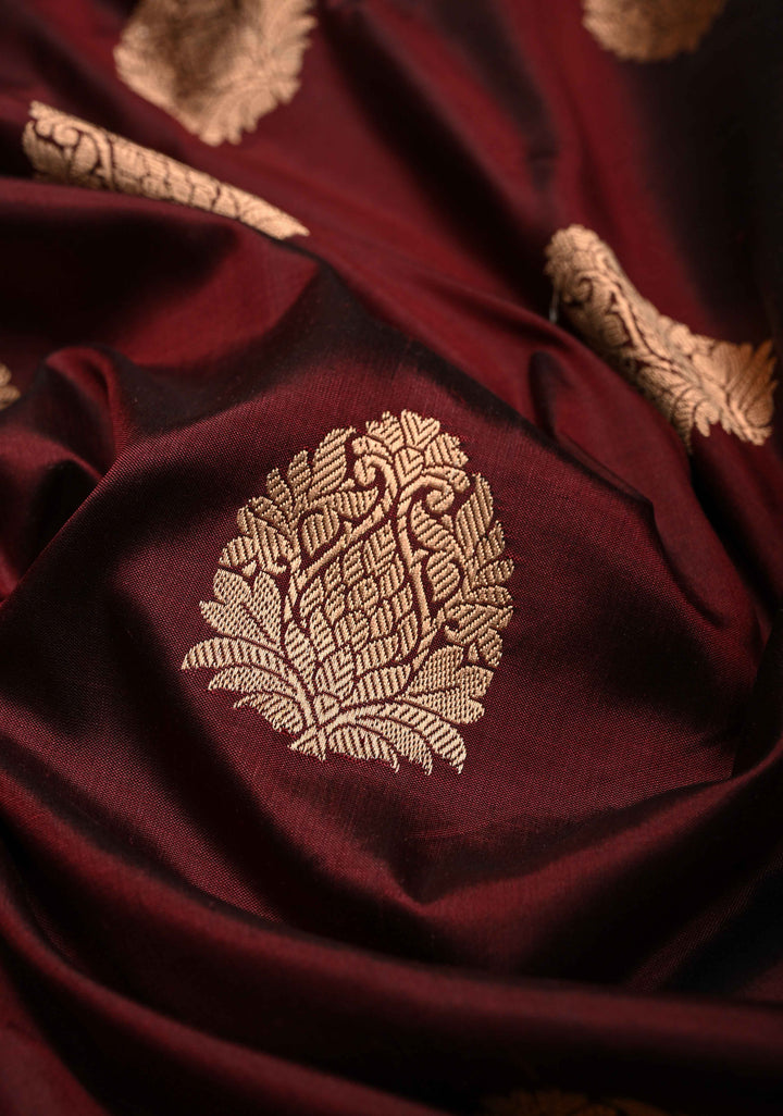 Deep Maroon Banarasi Katan Silk Saree with Floral Zari Buttas and Contrast Zari Border | SILK MARK CERTIFIED | SHOBITAM