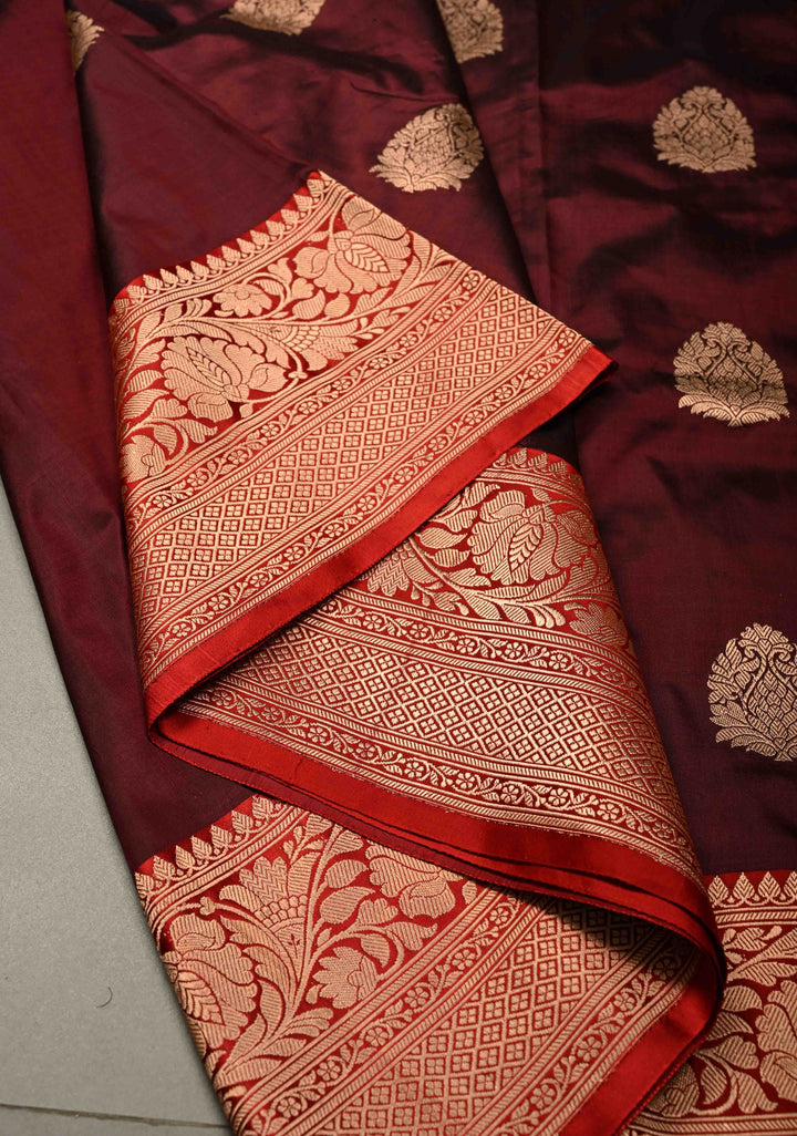 Deep Maroon Banarasi Katan Silk Saree with Floral Zari Buttas and Contrast Zari Border | SILK MARK CERTIFIED | SHOBITAM