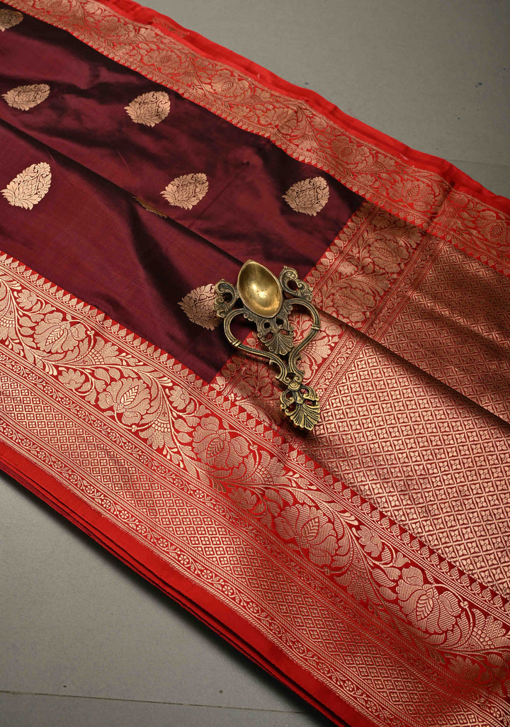 Deep Maroon Banarasi Katan Silk Saree with Floral Zari Buttas and Contrast Zari Border | SILK MARK CERTIFIED | SHOBITAM