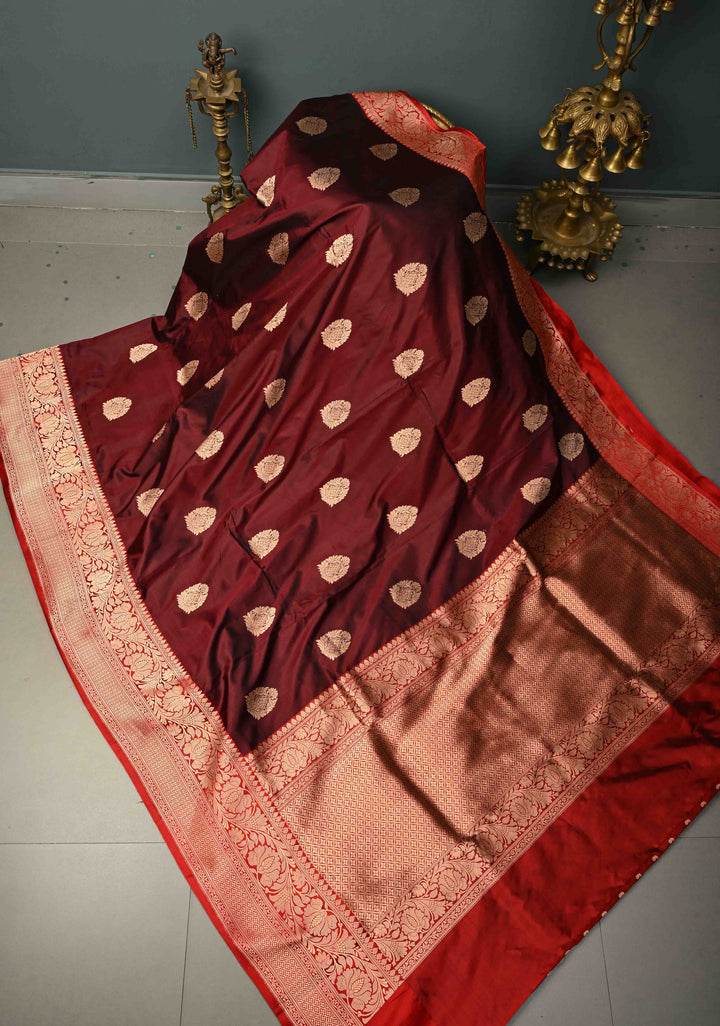 Deep Maroon Banarasi Katan Silk Saree with Floral Zari Buttas and Contrast Zari Border | SILK MARK CERTIFIED | SHOBITAM