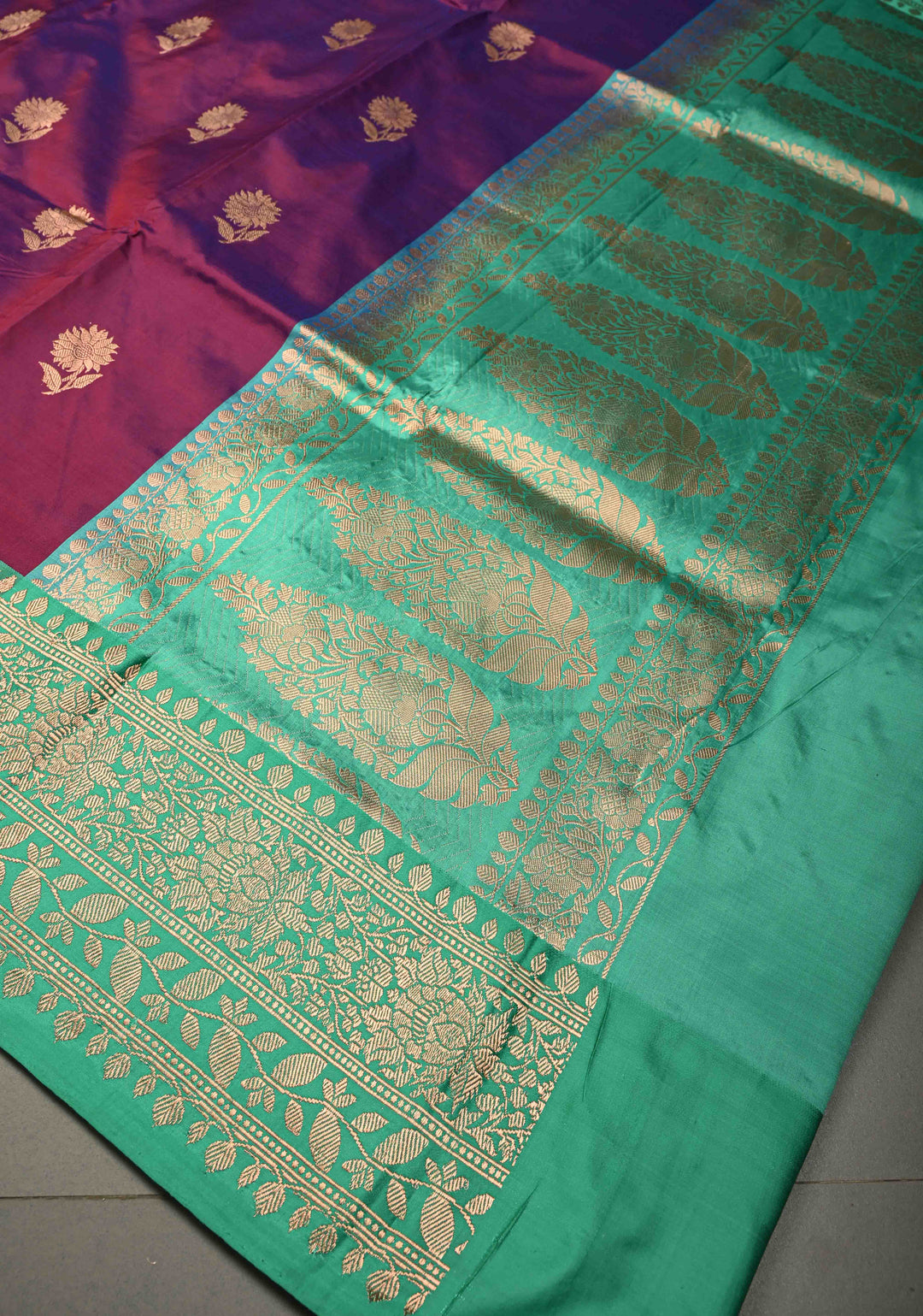 Purple-Magenta Dual Tone Banarasi Katan Silk Saree with Floral Zari Buttas and Contrast Zari Border | SILK MARK CERTIFIED | SHOBITAM