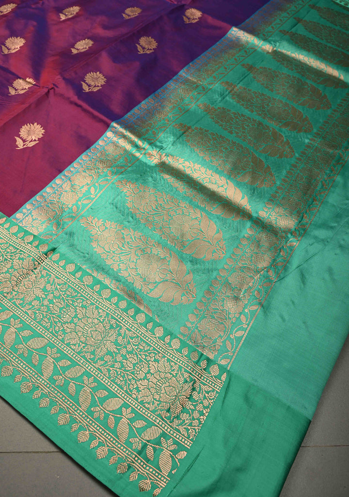 Purple-Magenta Dual Tone Banarasi Katan Silk Saree with Floral Zari Buttas and Contrast Zari Border | SILK MARK CERTIFIED | SHOBITAM