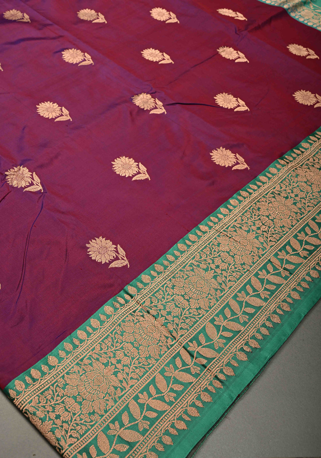 Purple-Magenta Dual Tone Banarasi Katan Silk Saree with Floral Zari Buttas and Contrast Zari Border | SILK MARK CERTIFIED | SHOBITAM