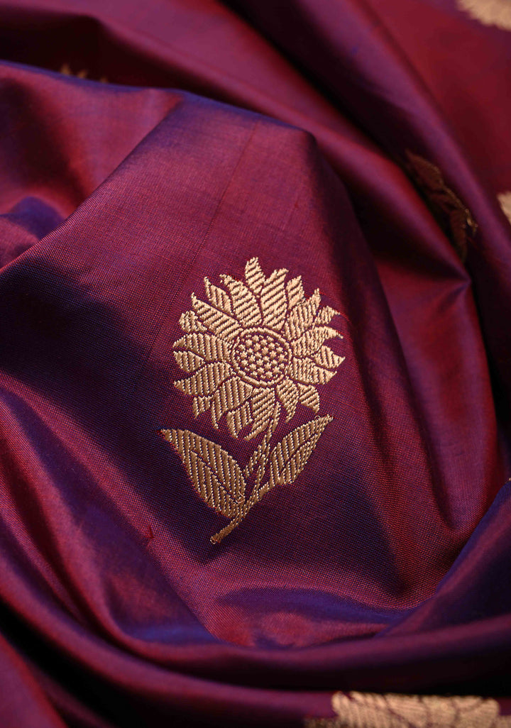 Purple-Magenta Dual Tone Banarasi Katan Silk Saree with Floral Zari Buttas and Contrast Zari Border | SILK MARK CERTIFIED | SHOBITAM