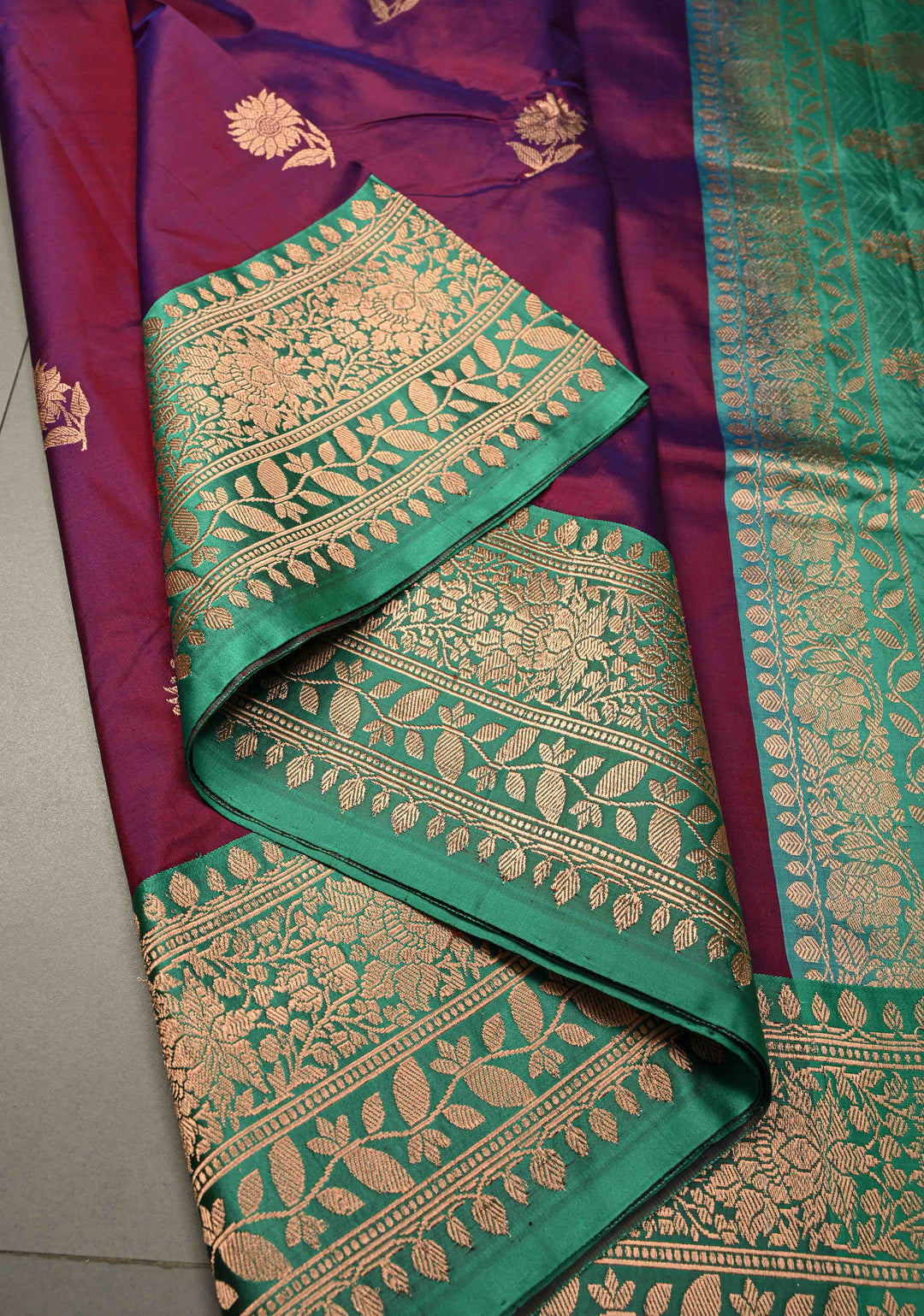 Purple-Magenta Dual Tone Banarasi Katan Silk Saree with Floral Zari Buttas and Contrast Zari Border | SILK MARK CERTIFIED | SHOBITAM