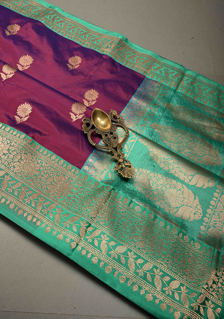 Purple-Magenta Dual Tone Banarasi Katan Silk Saree with Floral Zari Buttas and Contrast Zari Border | SILK MARK CERTIFIED | SHOBITAM