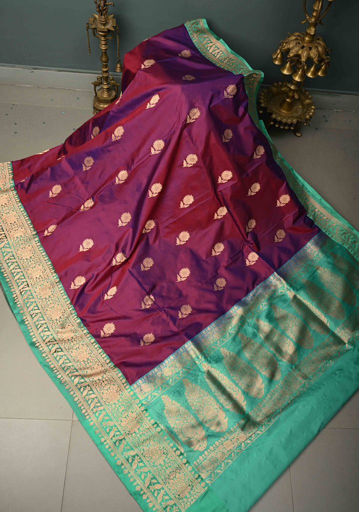 Purple-Magenta Dual Tone Banarasi Katan Silk Saree with Floral Zari Buttas and Contrast Zari Border | SILK MARK CERTIFIED | SHOBITAM