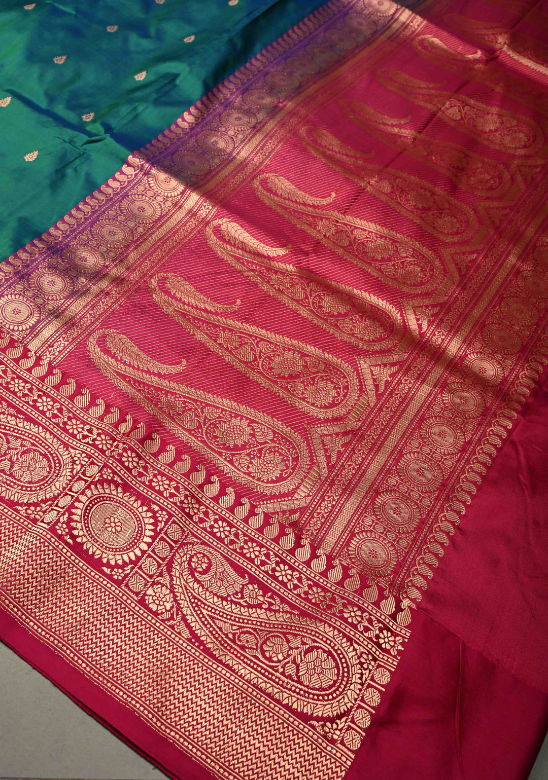 Peacock Blue-Green Dual Tone Banarasi Katan Silk Saree with Floral Zari Buttas and Contrast Zari Border | SILK MARK CERTIFIED | SHOBITAM