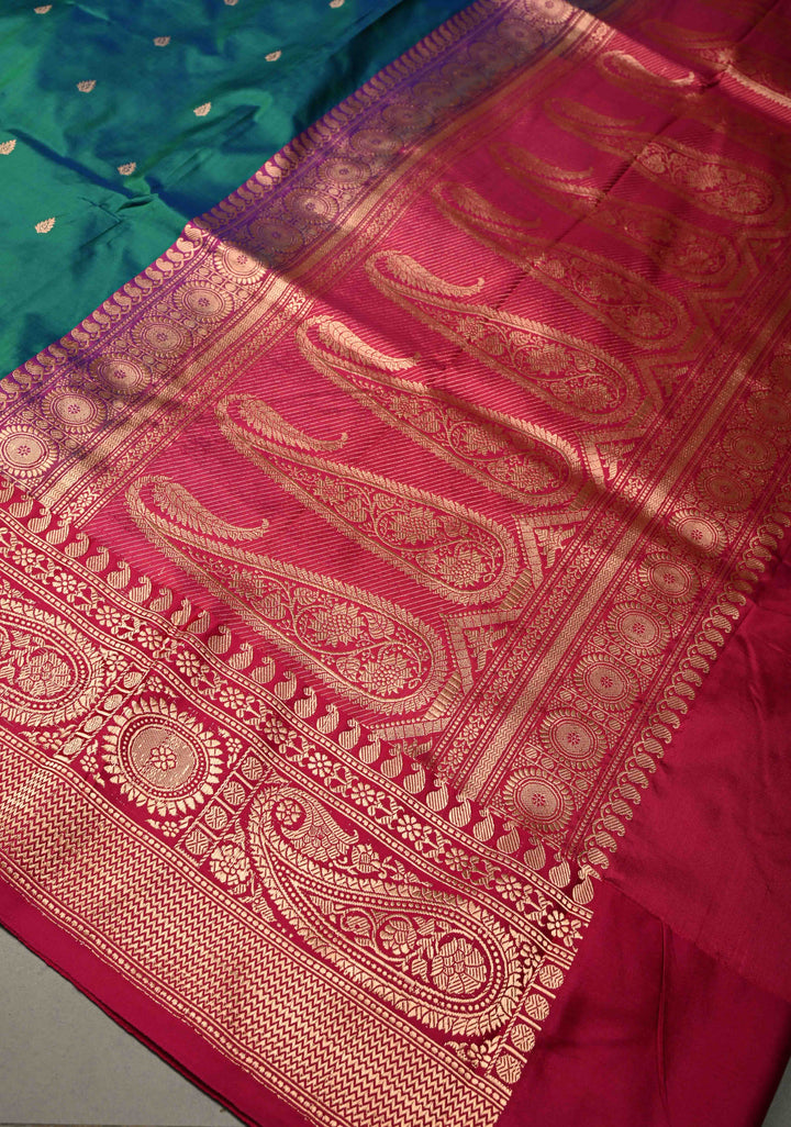 Peacock Blue-Green Dual Tone Banarasi Katan Silk Saree with Floral Zari Buttas and Contrast Zari Border | SILK MARK CERTIFIED | SHOBITAM