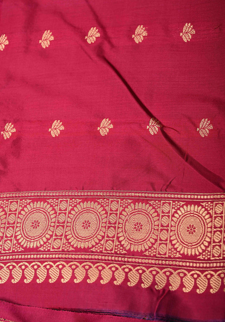 Peacock Blue-Green Dual Tone Banarasi Katan Silk Saree with Floral Zari Buttas and Contrast Zari Border | SILK MARK CERTIFIED | SHOBITAM