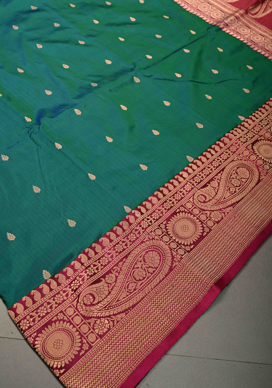 Peacock Blue-Green Dual Tone Banarasi Katan Silk Saree with Floral Zari Buttas and Contrast Zari Border | SILK MARK CERTIFIED | SHOBITAM
