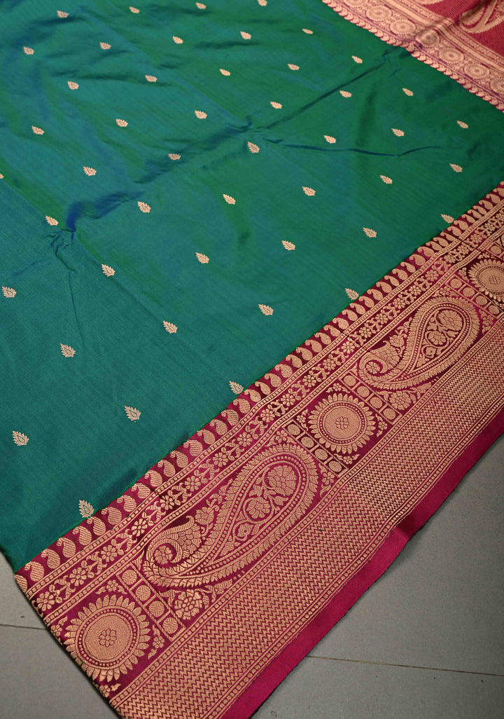 Peacock Blue-Green Dual Tone Banarasi Katan Silk Saree with Floral Zari Buttas and Contrast Zari Border | SILK MARK CERTIFIED | SHOBITAM