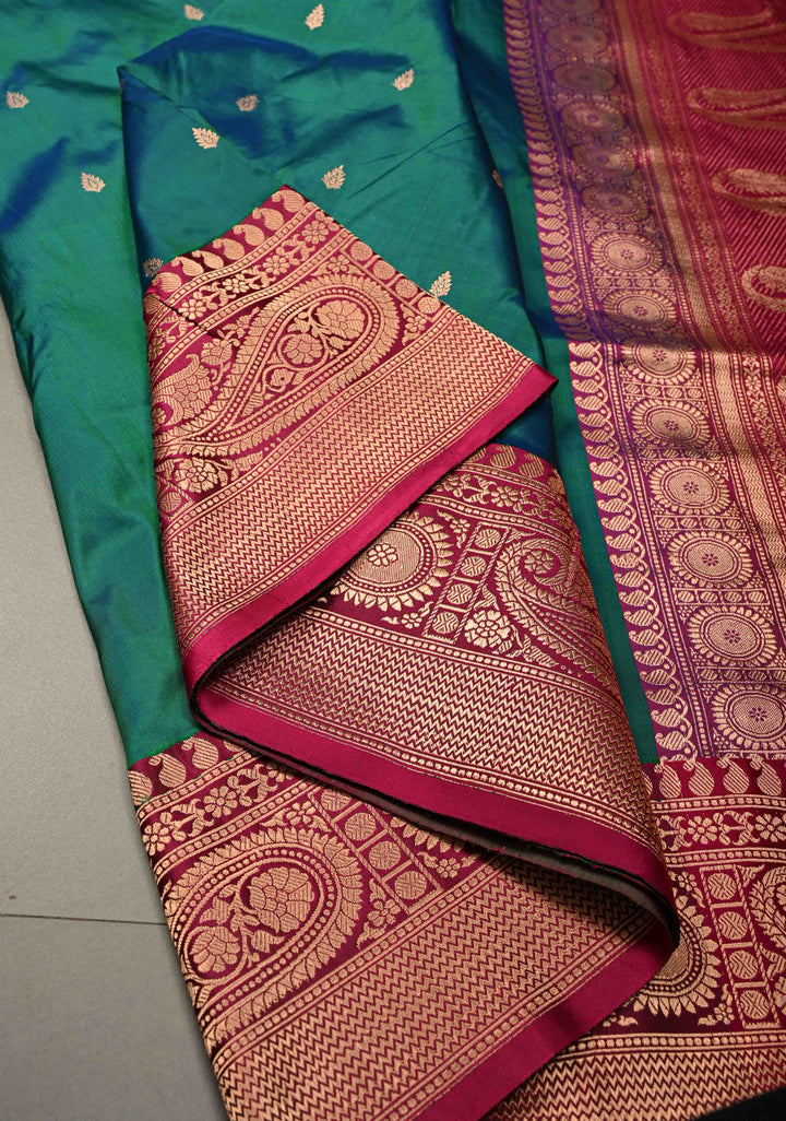 Peacock Blue-Green Dual Tone Banarasi Katan Silk Saree with Floral Zari Buttas and Contrast Zari Border | SILK MARK CERTIFIED | SHOBITAM