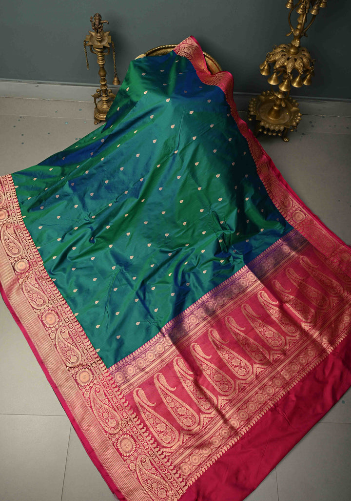 Peacock Blue-Green Dual Tone Banarasi Katan Silk Saree with Floral Zari Buttas and Contrast Zari Border | SILK MARK CERTIFIED | SHOBITAM