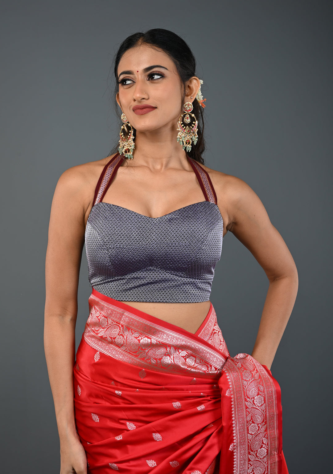 Gray Khana Silk Blouse with Halter Neck , Customizable, Made to Order