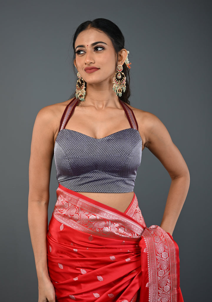 Gray Khana Silk Blouse with Halter Neck , Customizable, Made to Order