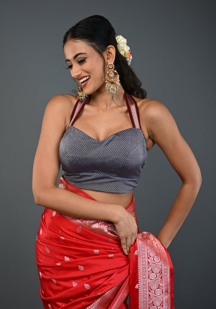 Gray Khana Silk Blouse with Halter Neck , Customizable, Made to Order