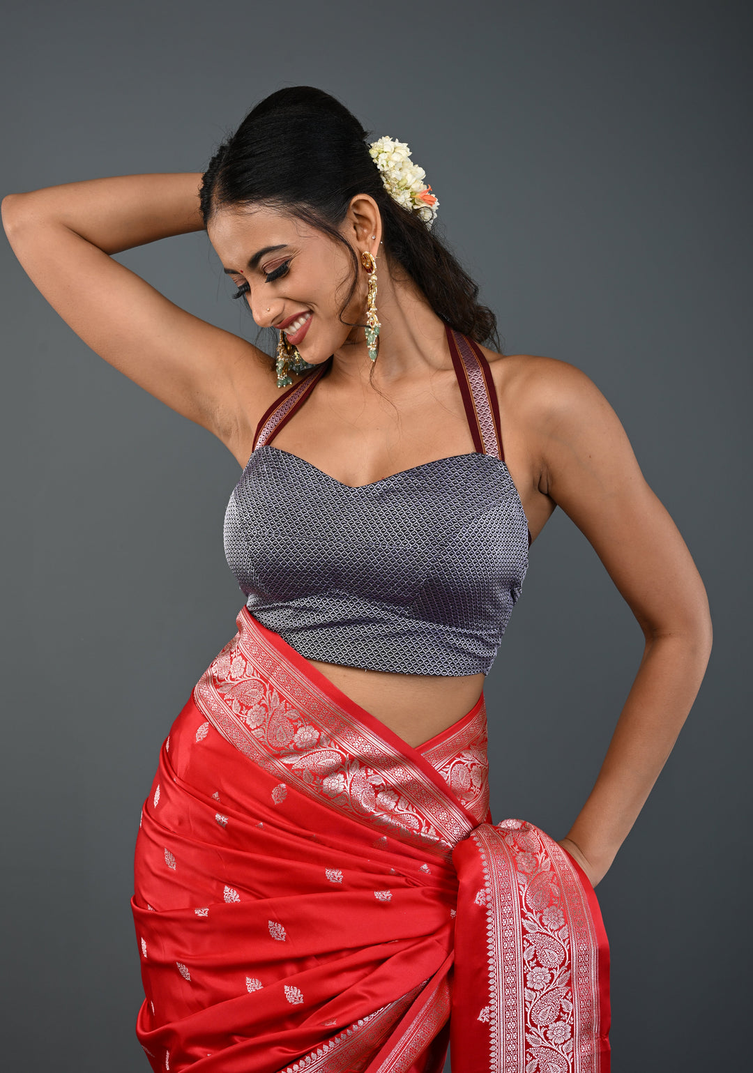 Gray Khana Silk Blouse with Halter Neck , Customizable, Made to Order