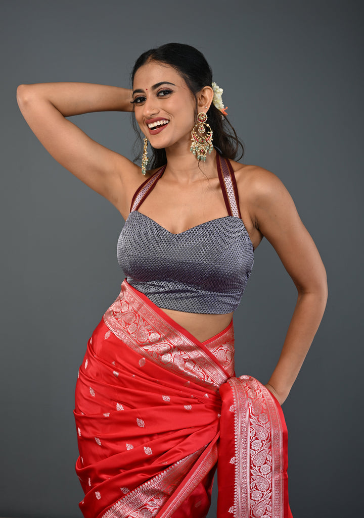 Gray Khana Silk Blouse with Halter Neck , Customizable, Made to Order