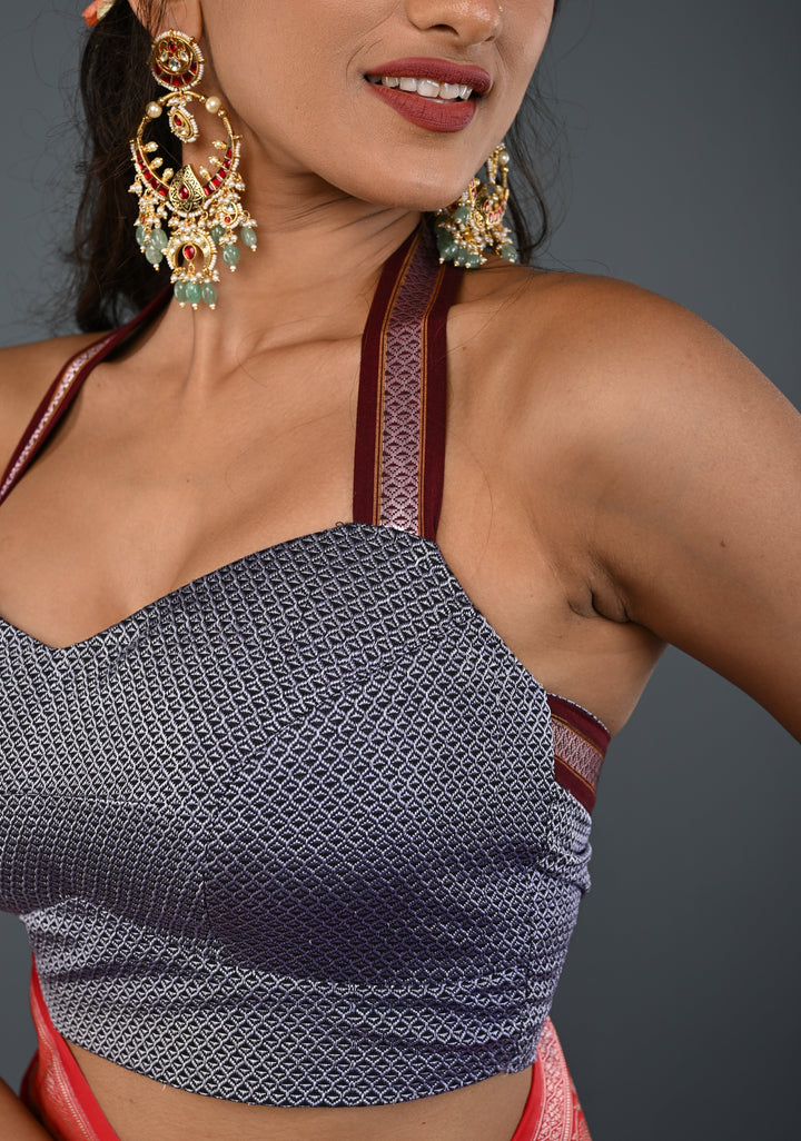 Gray Khana Silk Blouse with Halter Neck , Customizable, Made to Order