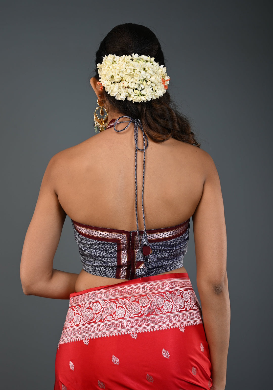 Gray Khana Silk Blouse with Halter Neck , Customizable, Made to Order