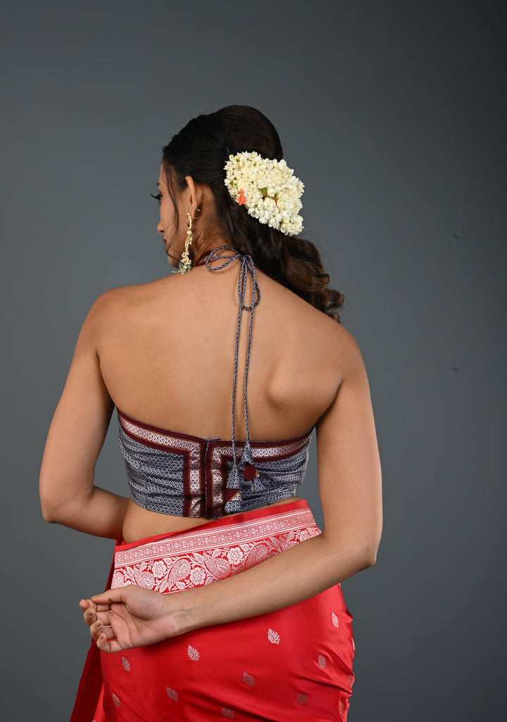 Gray Khana Silk Blouse with Halter Neck , Customizable, Made to Order