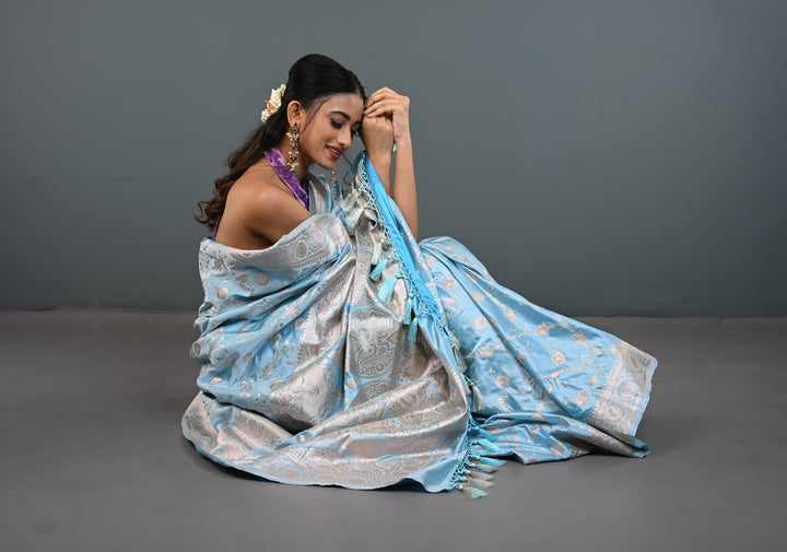Sky Blue Banarasi Semi Mashru Silk Saree with Floral Jaal and Zari Border