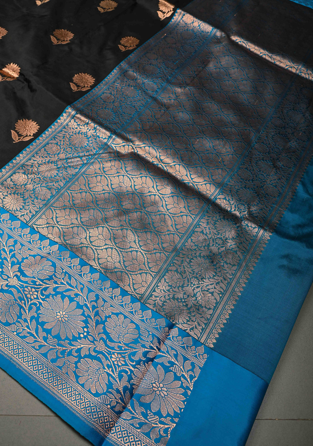 Black Banarasi katan Silk Saree with Contrast Zari Border | SILK MARK CERTIFIED | SHOBITAM