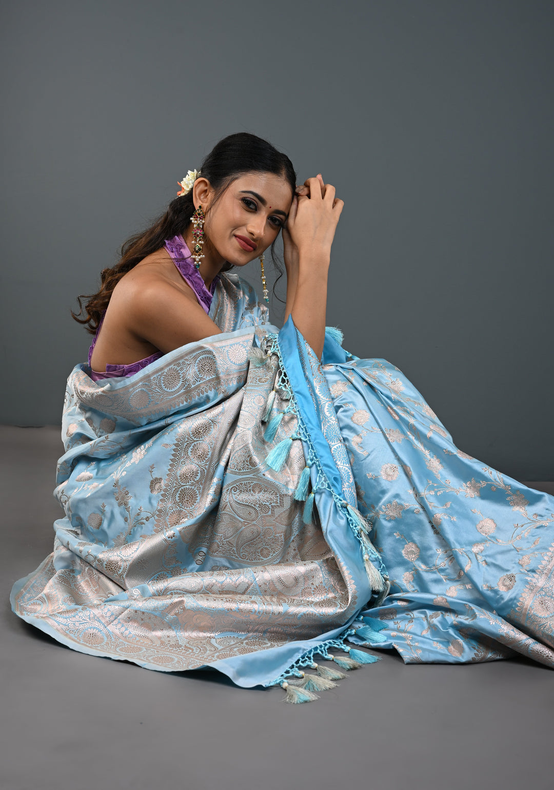 Sky Blue Banarasi Semi Mashru Silk Saree with Floral Jaal and Zari Border