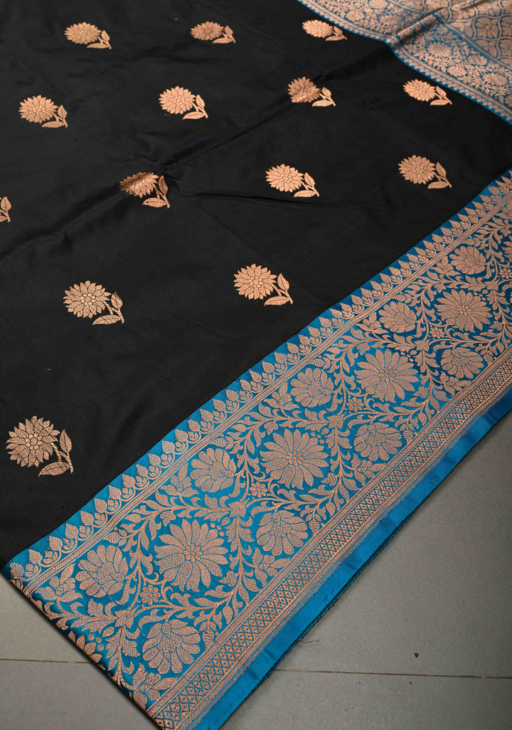 Black Banarasi katan Silk Saree with Contrast Zari Border | SILK MARK CERTIFIED | SHOBITAM