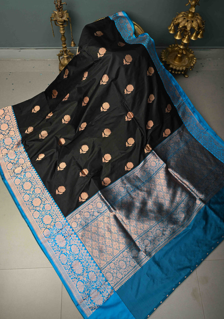 Black Banarasi katan Silk Saree with Contrast Zari Border | SILK MARK CERTIFIED | SHOBITAM
