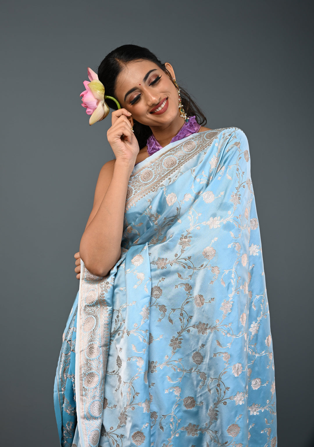 Sky Blue Banarasi Semi Mashru Silk Saree with Floral Jaal and Zari Border