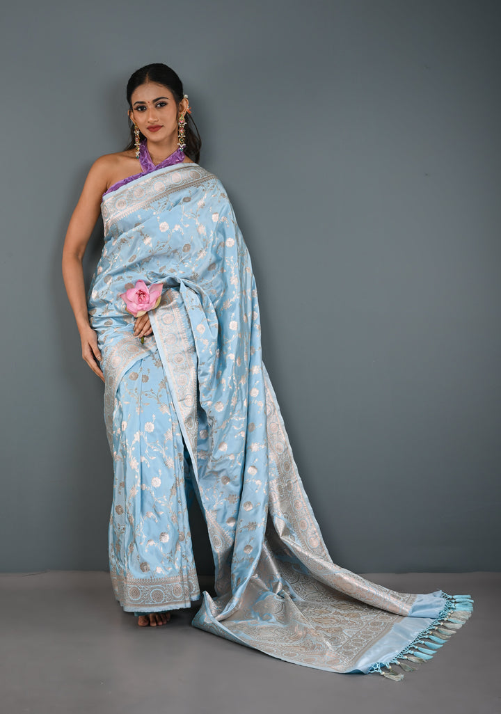 Sky Blue Banarasi Semi Mashru Silk Saree with Floral Jaal and Zari Border